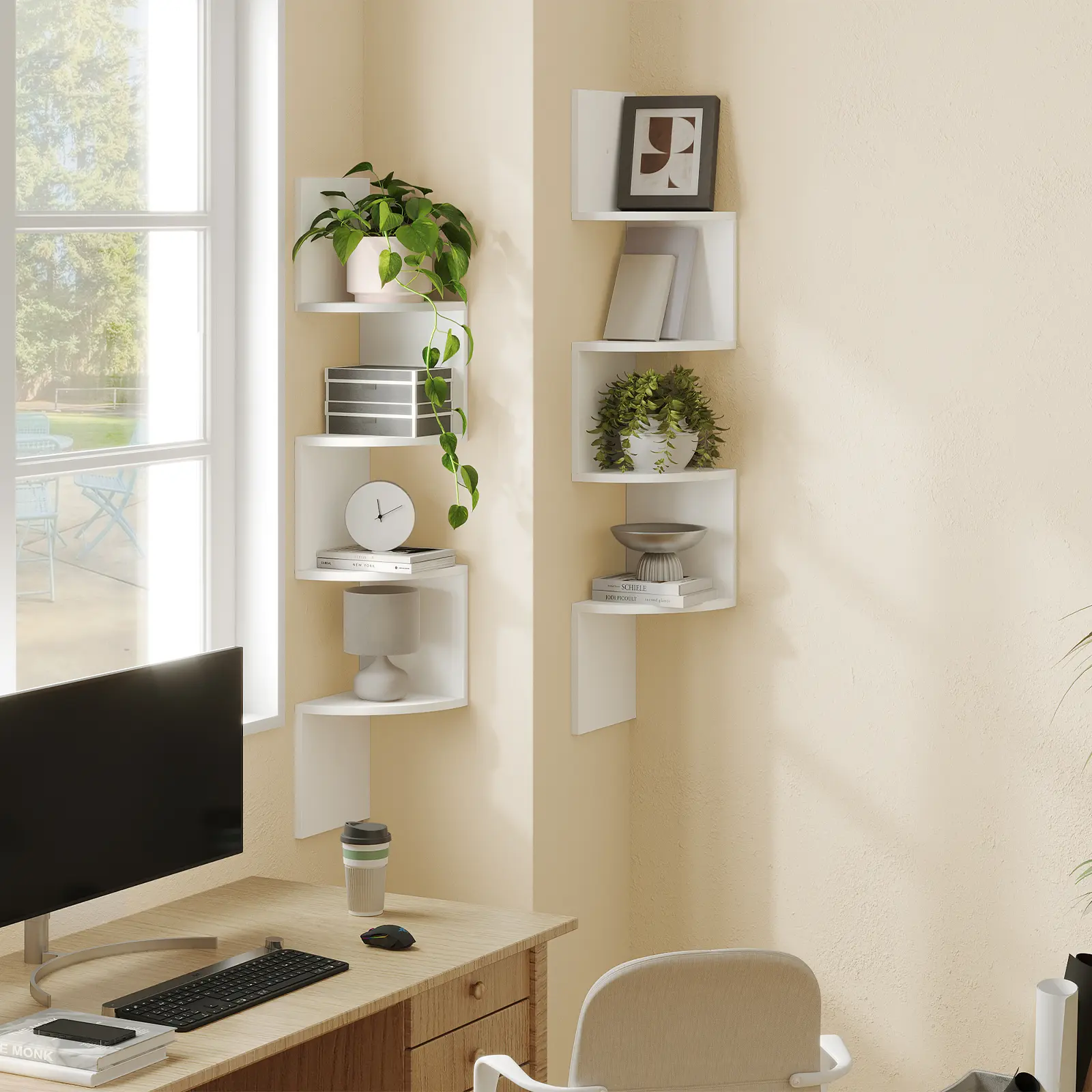 HOOBRO Corner Shelf Wall-Mounted, Set of 2 Floating Corner Shelves, 4-Tier Corner Bookshelves for Wall Decor in Living Room, Bedroom, Bathroom, Home Office, White #SummerVibes