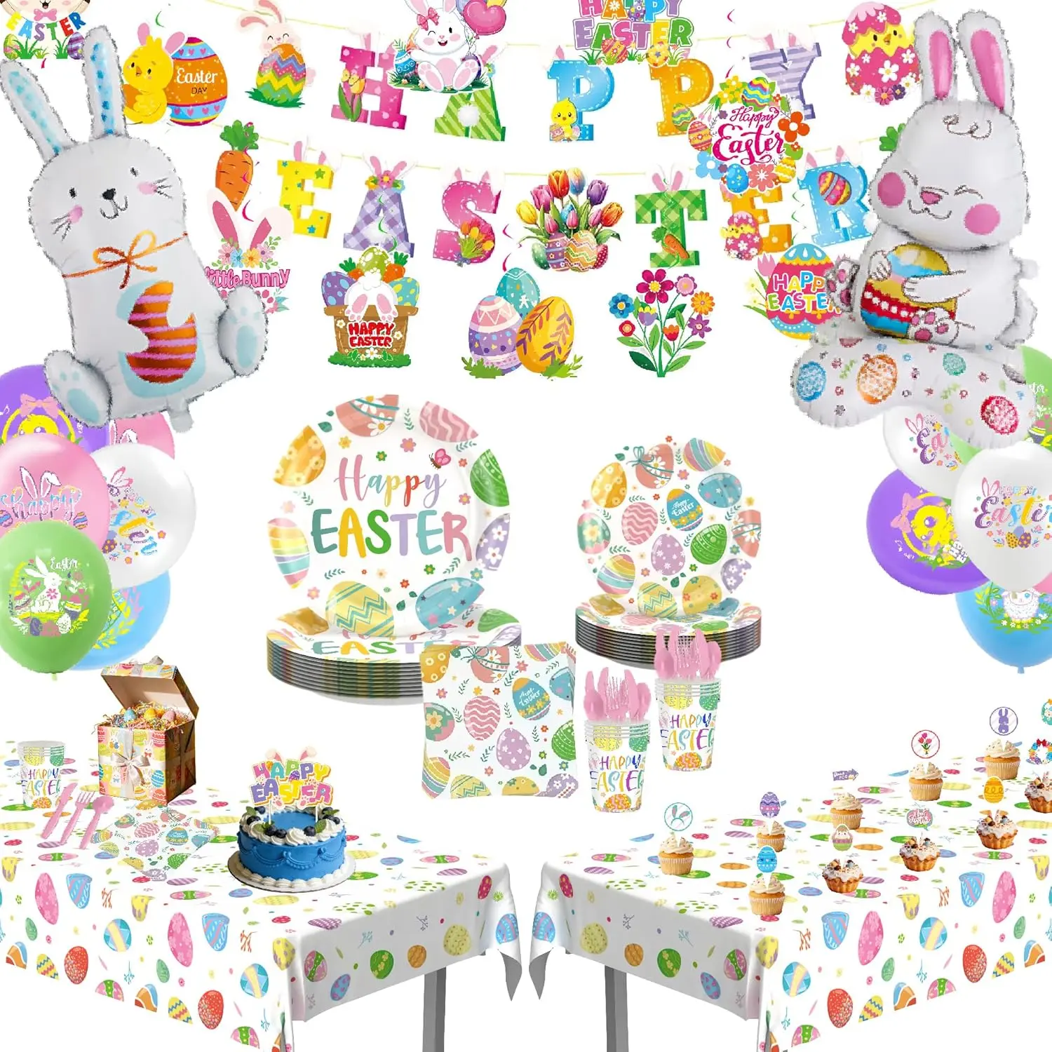 Spring Theme Easter Party Supplies Set for Kids & Adults - Plastic/Paper/Foil, Multi-Size, Easy Setup, Party Decor, 108"x54" Tablecloth, Plates, Napkins, Cups, Tableware, Banner, Hanging Swirls, Bunny Balloons, Cake Topper, Colorful Balloons Assortment, 1