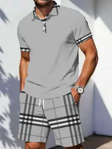 Men's Plaid Polo Set, Plaid Collared Short Sleeve Top + Plaid Drawstring Shorts, High-End Stylish Casual Men's Clothing, All over Print