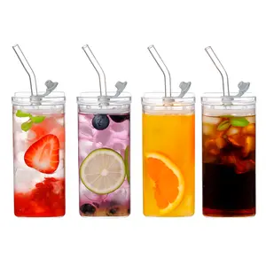 MHDCLY 4Pack Glass Cups with Lids and Straws 13 oz Square Glasses Drinking Set Perfect for Iced Coffee Water Juice Beer Mixed Drinks Acrylic Drinkware Tumbler