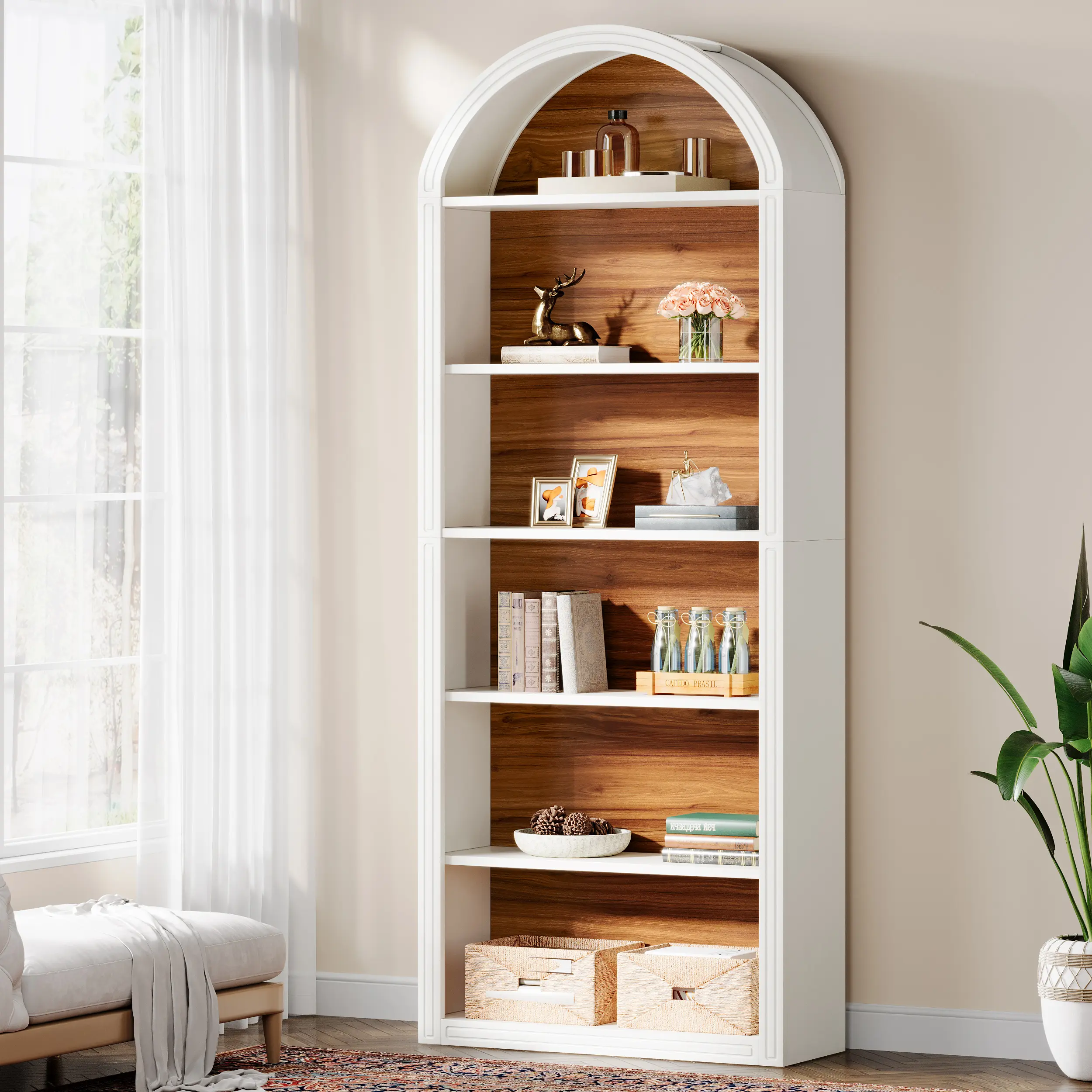 LITTLE TREE 6-Tier White Arched Bookshelf, 75.98" Tall Arched Bookcase with Storage Shelves, Floor Standing Open Display Shelving Unit for Living Room, Bedroom, Home Office