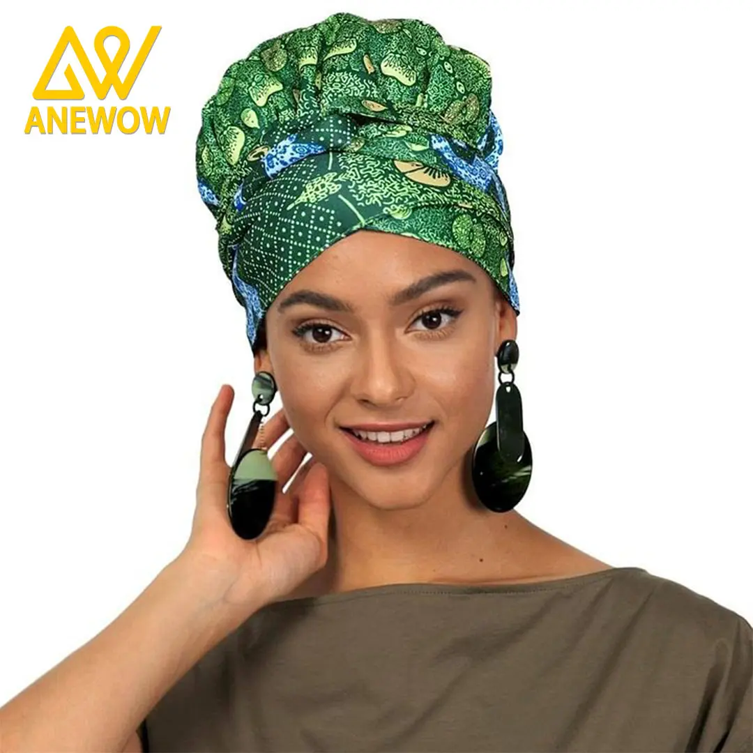 ANEWOW Green Leaf Floral Ankara Satin Lined Headwrap