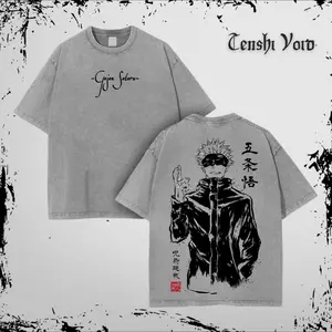 Gojo Satoru Tee - Jujutsu Kaisen Vintage Washed Oversized Heavy Cotton T-Shirt, Double Printed Anime Manga Graphic Top, Retro Streetwear Unisex Outfit