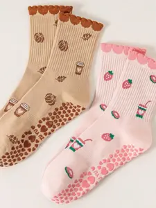 Women's Anti-Slip Yoga Socks, Cute Strawberry Cake Pattern, Soft Breathable Mid-Calf Socks, Ideal for Yoga, Pilates, Dance, Fitness