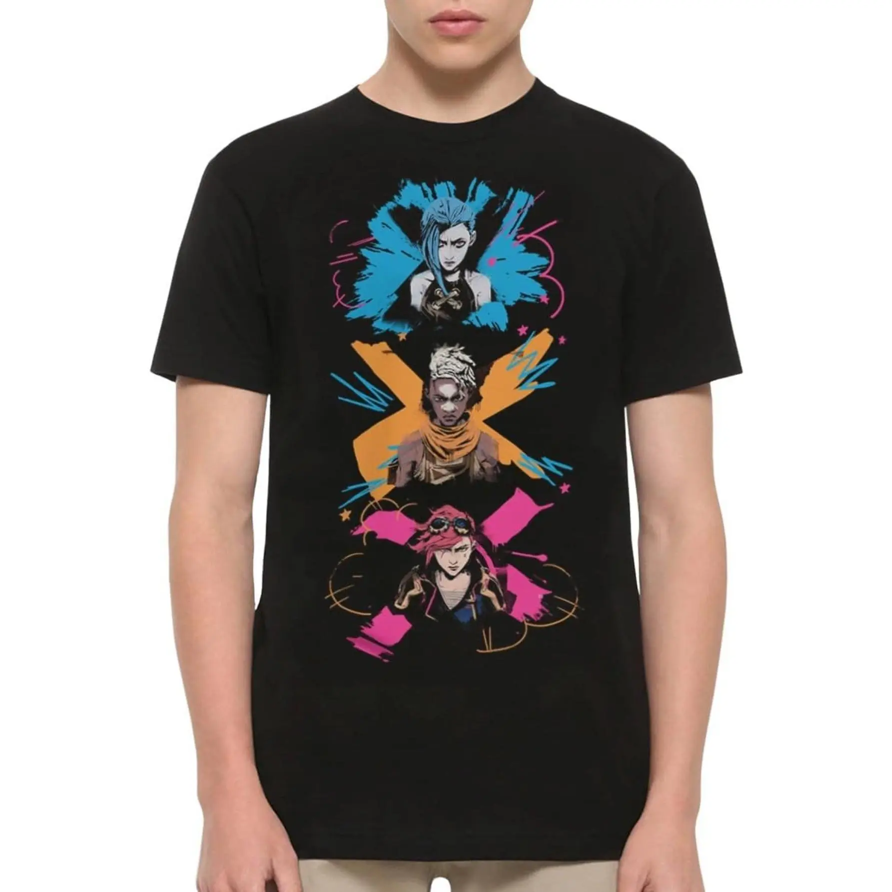 DreamShirts Men's Arcane Powder Ekko Vi Graphic Tshirt - 100% Cotton, Short Sleeve, Round Neck, Black, Vibrant Animated Print, Casual Fit, Machine Washable, 3X-Large, EWH Streetwear Menswear Top, T-Shirt, Vibrant Print, Crew Neck