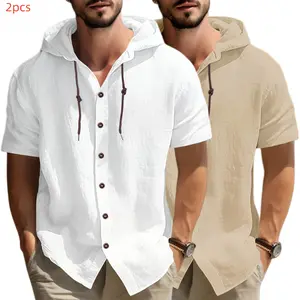 Men’s linen blend hooded short-sleeve shirt, casual button summer beach shirt, breathable loose vacation top