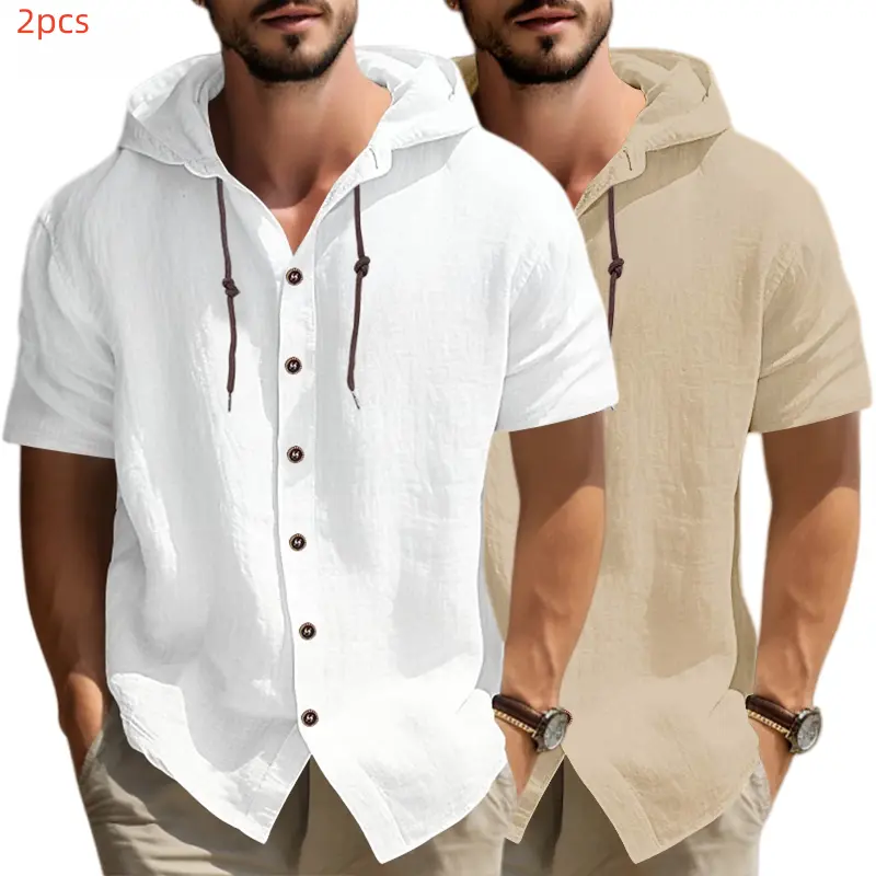Men's Casual Hooded Top, Plain Linen Blend Button-Front Shirt with Breathable Fabric for Summer Beach Wear S M L, Button Front, Quick On/Off