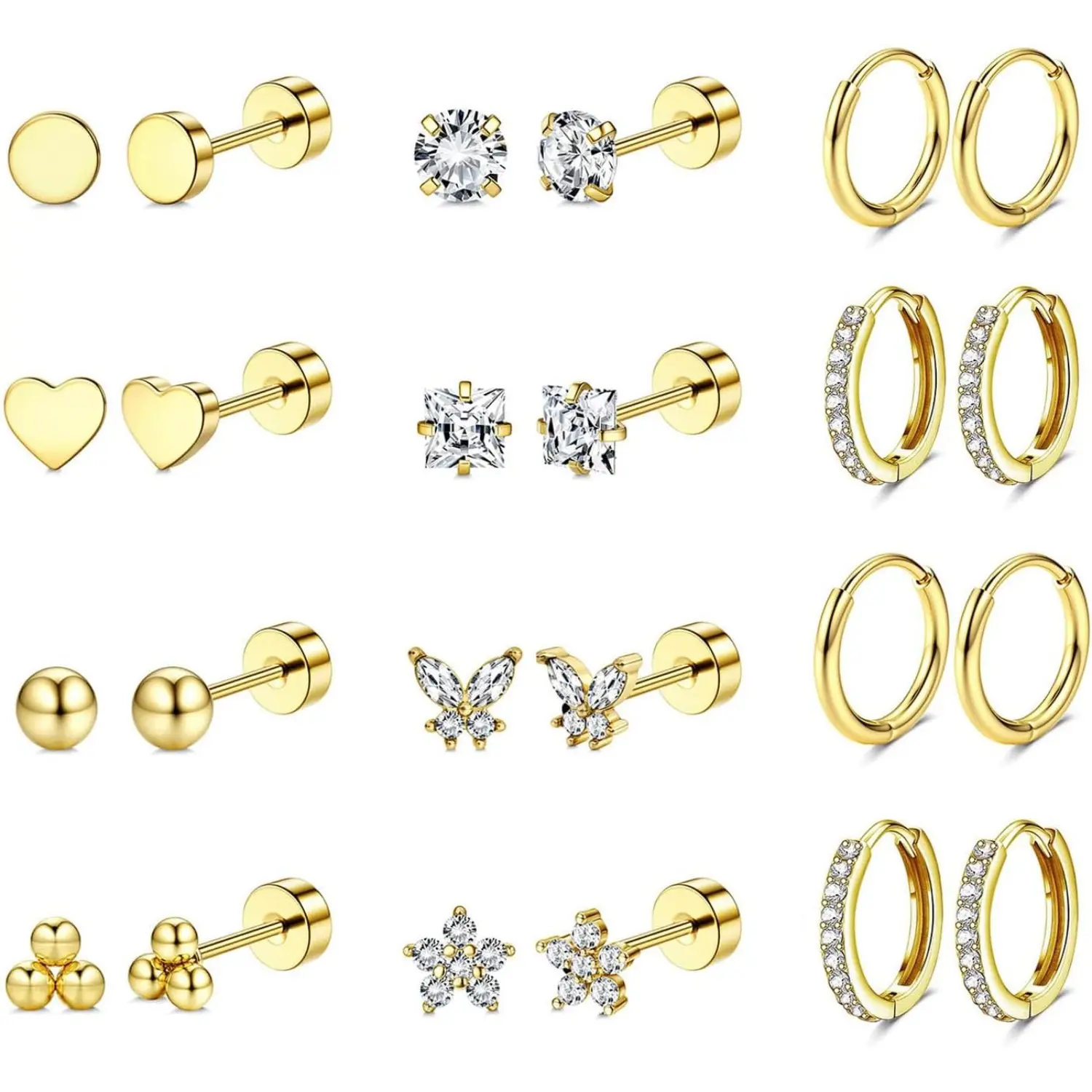 Jstyle 12 Pairs Hypoallergenic Surgical Steel Earrings for Sensitive Ears 14K Gold Plated Flat Back Earrings for Women Men Small Stainless Steel Earrings Flatback Stud Hoop Cartilage Earring Set for Multiple Piercing,summeroutfits,vacationoutfits,beachout