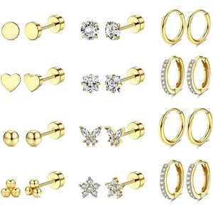 Jstyle 12 Pairs Hypoallergenic Surgical Steel Earrings for Sensitive Ears 14K Gold Plated Flat Back Earrings for Women Men Small Stainless Steel Earrings Flatback Stud Hoop Cartilage Earring Set for Multiple Piercing