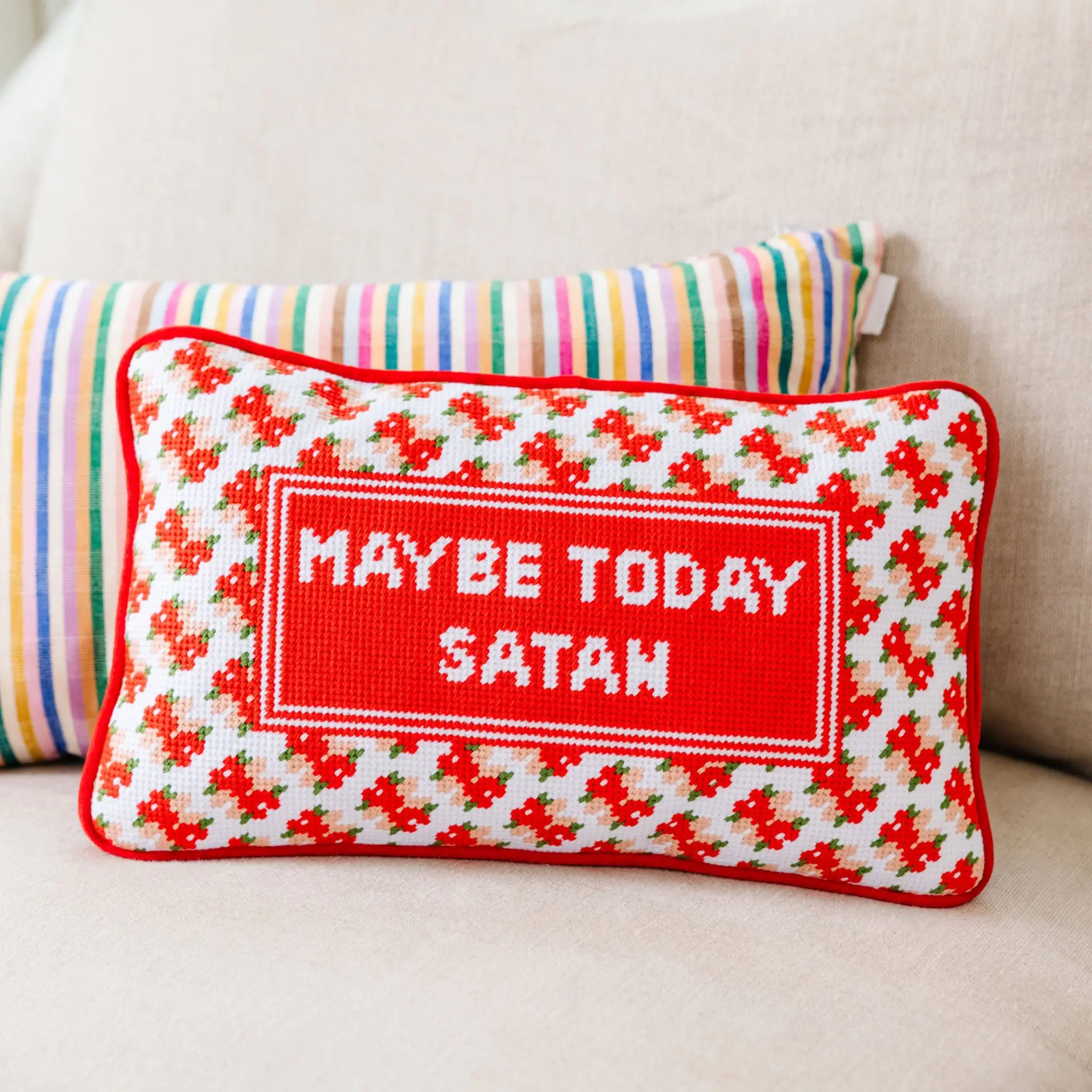 Embroidered Needlepoint Velvet Decorative Pillow - Humor-Themed "Maybe Today Satan" Design, Bold Stitching, Vibrant Patterns for Home Soft Furnishings, Playful Prints