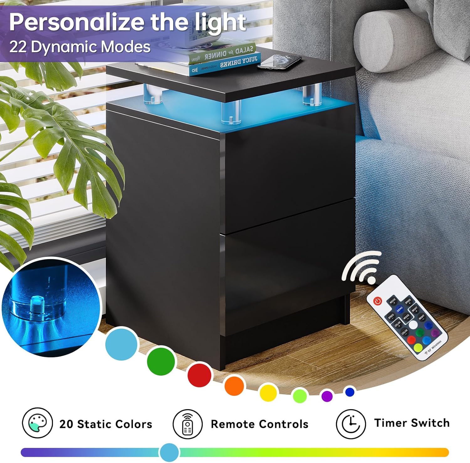 Nightstand Set of 2 with LED Lights, 15IN Black Bedside Table, 2 Storage Drawers, Compact Design for Bedroom, Modern Finish