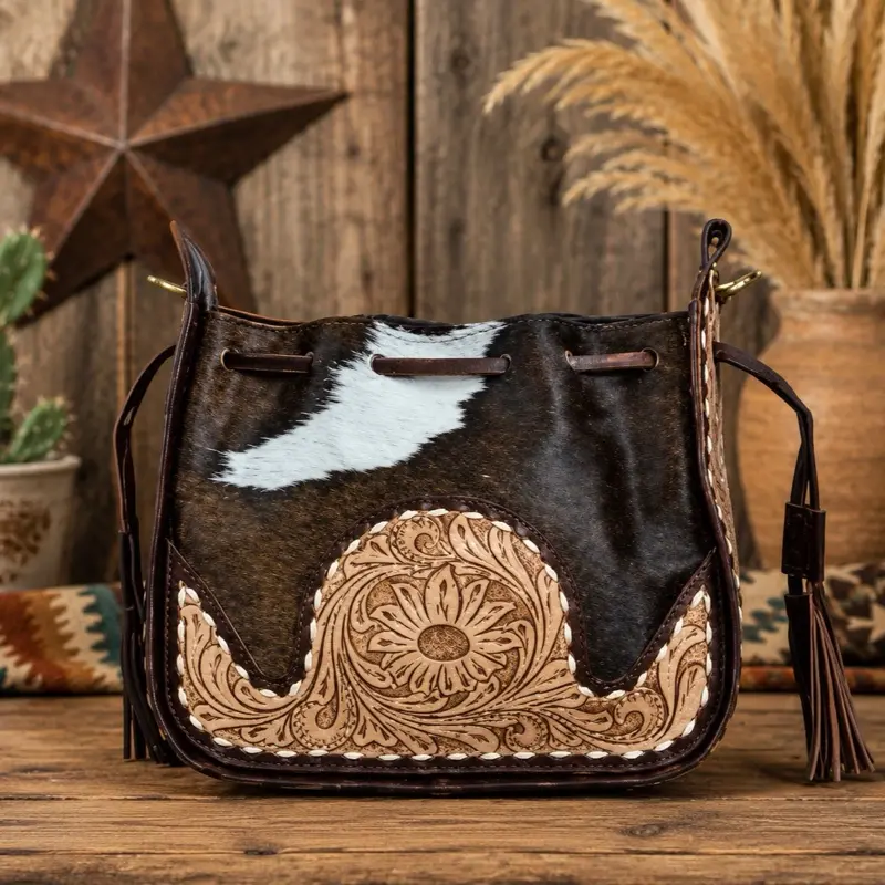 Genuine Tooled Tan Cowhide Bucket Bag with Strap