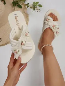 Women's Fashionable Flower Decorated Slip on Wedge Sandals, Casual Comfortable Rubber Platform Sandals for Beach, All-match Commuter Shoes for Work & Daily Wear, Girl