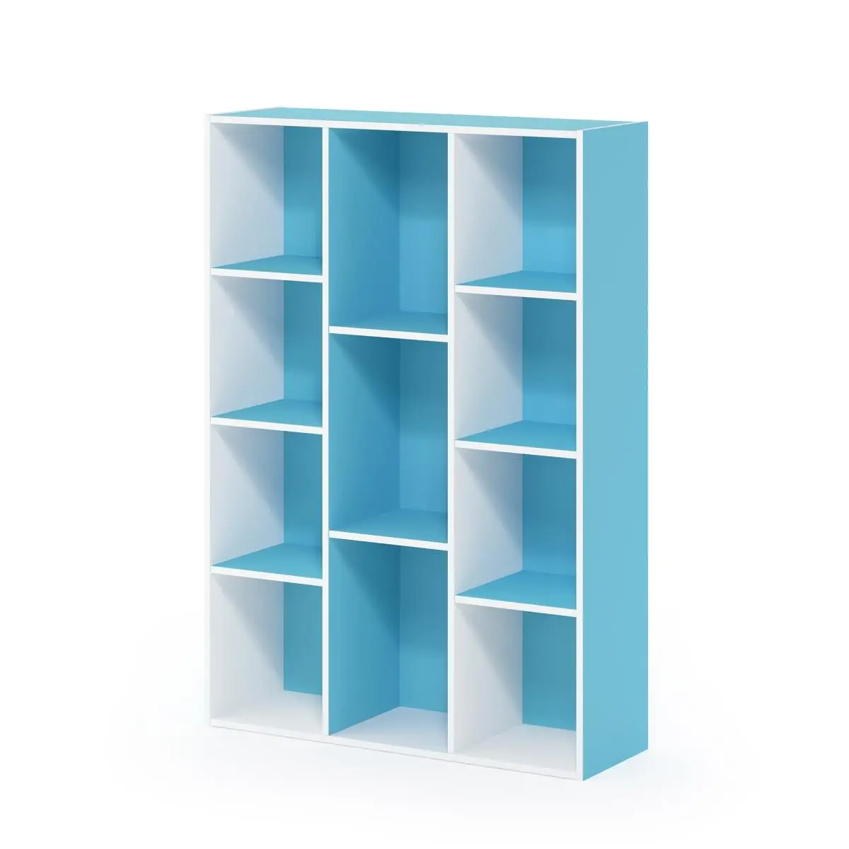 Furinno Contemporary Bookshelf Book Rack - 11-Cube Freestanding Particle Board Open Shelving, No Foul Smell, Easy Assembly Steps, Reversible White & Light Blue Storage Furniture for Home Library, Living Room, Stable