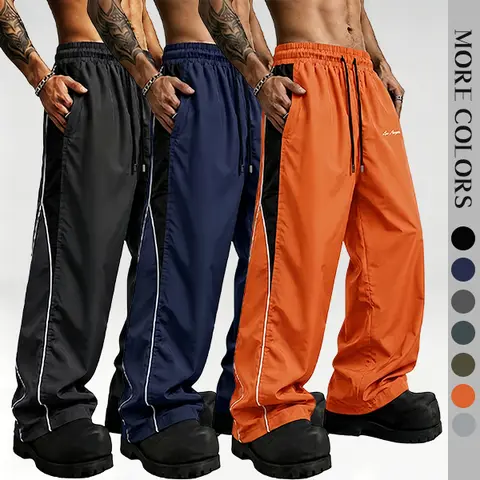 Men's All-Seasons Plain Polyester Quick-Dry Wide-Leg Athletic Pants - Drawstring Waist, Side Contrast Stripes, Loose Straight-Leg Cut, Basic High-Street Menswear, Casual Wear for Tee Pairing