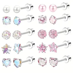 10pcs(5Pairs) Surgical Steel Cartilage Earrings Set- Hypoallergenic Stainless Steel Stud Earrings with Cubic (Round/Heart/Star) for Pierced Ears - Suitable for Sensitive Skin, Unisex Piercing Jewelry for All Seasons