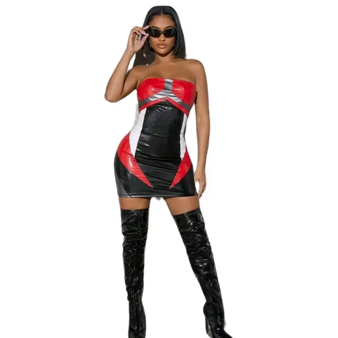 Women's faux leather Colorblock Tube Bodycon Dress for Casual Wear - Womenswear