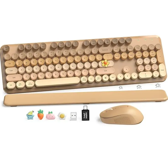 Wireless Keyboard and Mouse - Cute Round Keycaps, Detachable Wrist Rest, Full-Size Retro Typewriter Keyboard with Tilt Legs, 2.4G Wireless Combo for Women, PC, Laptop, Windows