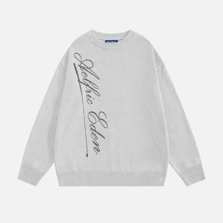 Aelfric Eden Script Graphic Sweater Oversized Dropped Shoulder Fit Classic Crew Neck Design Distressed Cursive Script Graphic Print Ribbed Cuffs & Hem Soft Knit Fabric Minimalist Streetwear Unisex Top