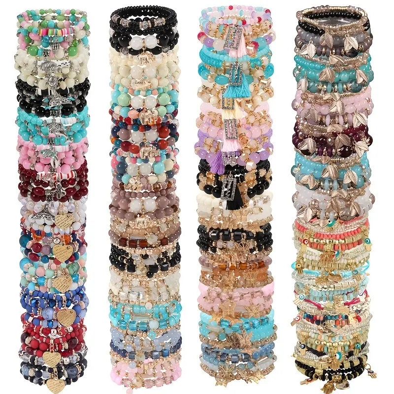 Boho Style Beaded Bangle Bracelet Set, 12/36pcs Handmade Unisex Elastic Multi-Layer Wooden Bead Bracelets with Butterfly Elephant Tree Pendants, Funky Unique Whimsical Accessories for Anniversary & Daily Wear,summerwins