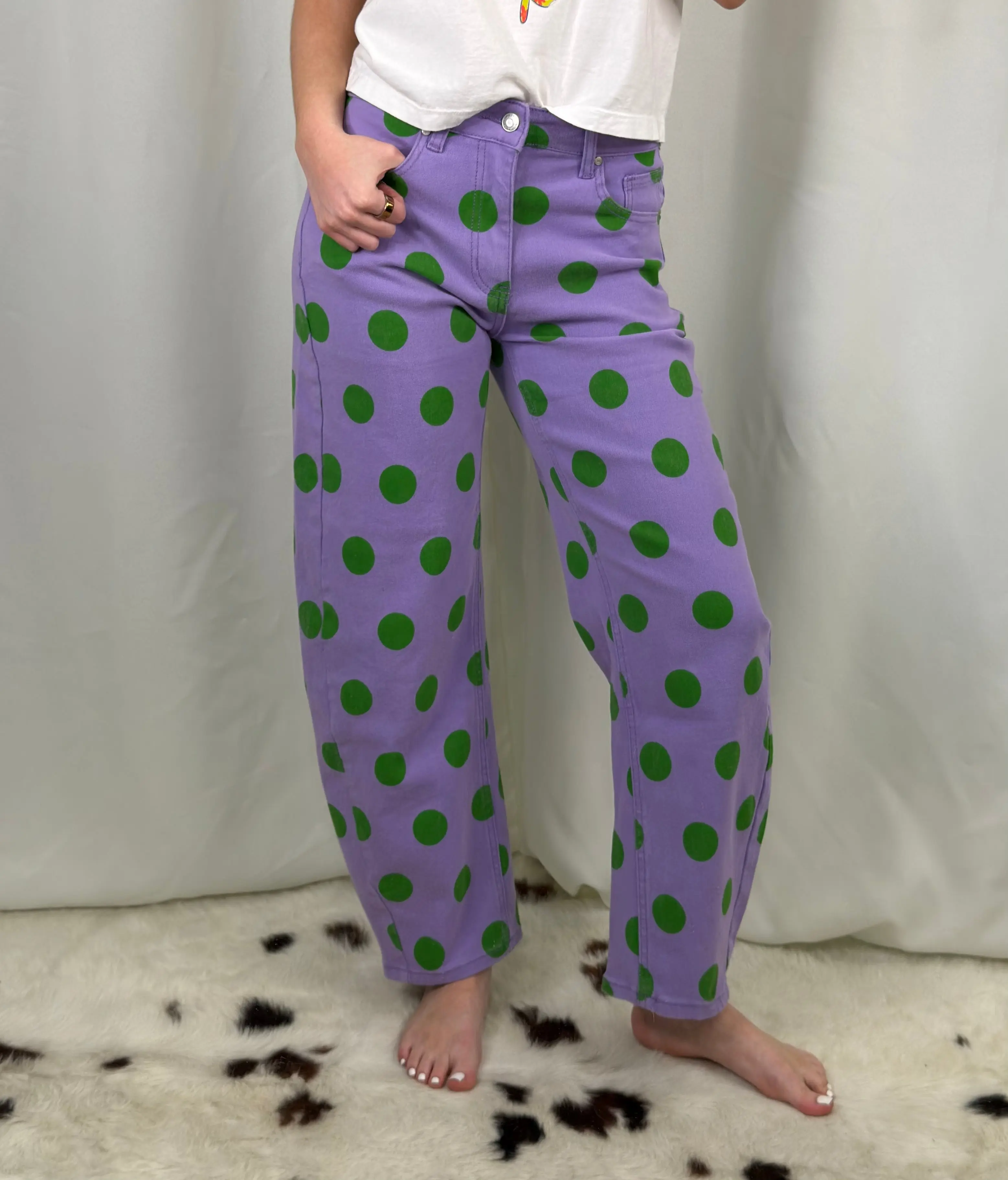 Women's Retro Barrel Jeans, High Rise Denim in a Green and Purple Polka Dot Pattern with a Relaxed Fashion Fit, Bottoms, Statement, Style, Colorful Print, Relaxed Fit, Leg