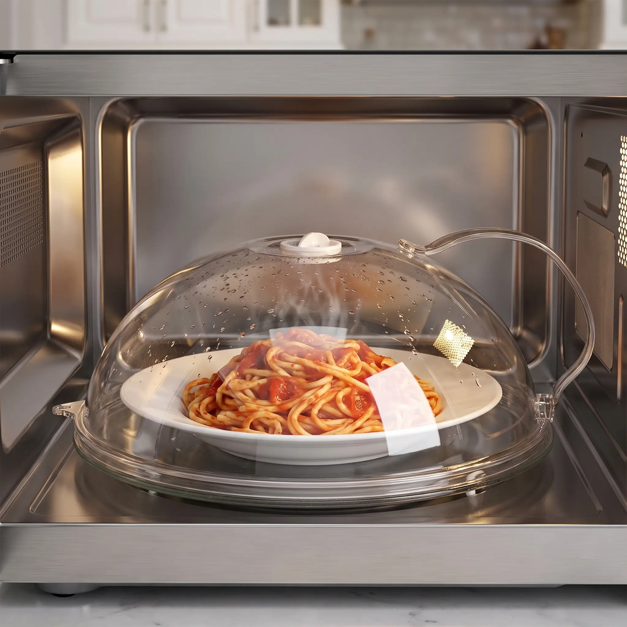 【Summer Sale Deals】Transparent Microwave Splatter Cover with Steam Vent & Handle, 31cm Dustproof Clear Food Plate Cover for Kitchen Heating