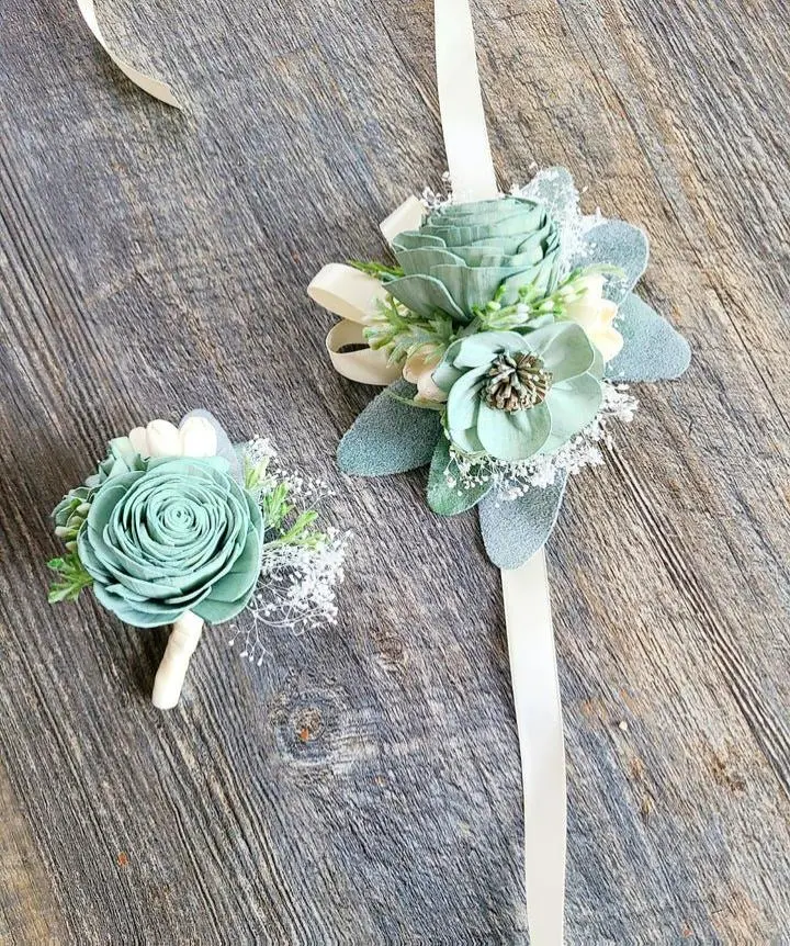 Dusty Sage Green Wedding Boutonniere & Corsage Set with Bouquet, Wooden Handpainted Accents, Ivory Jasmine Flowers, Lambs Ear, Ivory Satin Ribbon, Ornaments, Baby's Breath, Wedding Decor, Floral Set, Customizable, Handpainted Wood, Ivory Accents