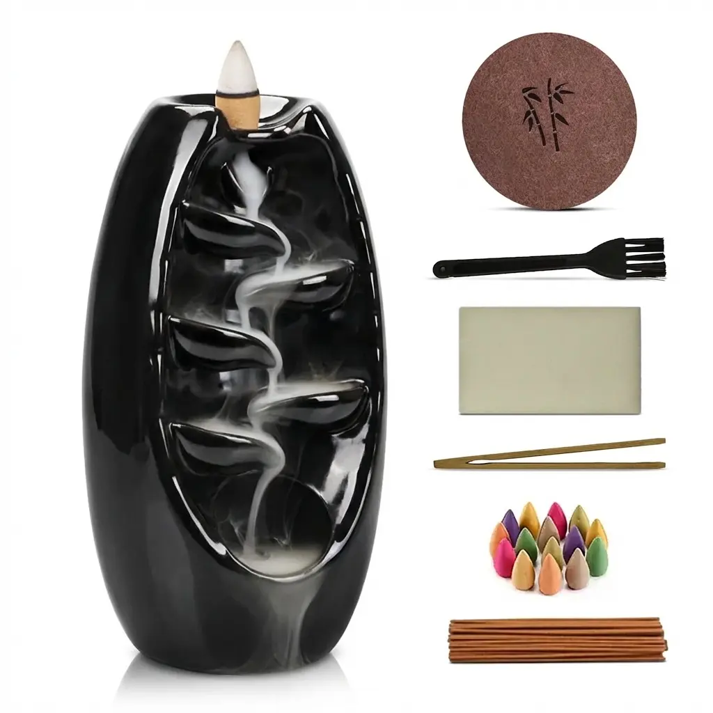 CasaFoyer Ceramic Backflow Incense Holder Waterfall Burner Set with 120 Cones 30 Sticks Premium Accessories for Aromatherapy Home Decor & Gift Fragrance Scented