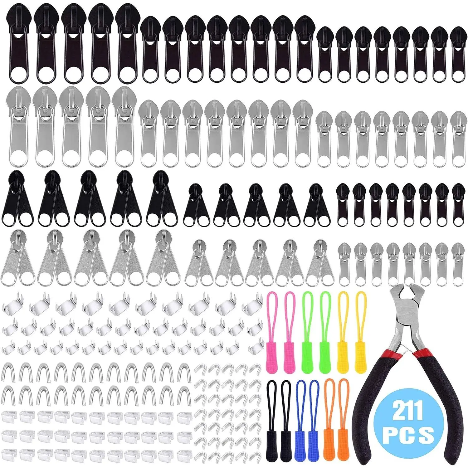 211-Piece Home Organizer Zipper Repair Set with Installation Plier, Colorful Pulls, Replacement Zipper Pulls for Backpacks, Outdoor Tents, Bags, Luggage (Silver & Black), Replacement Zipper Pull, Diy Tool