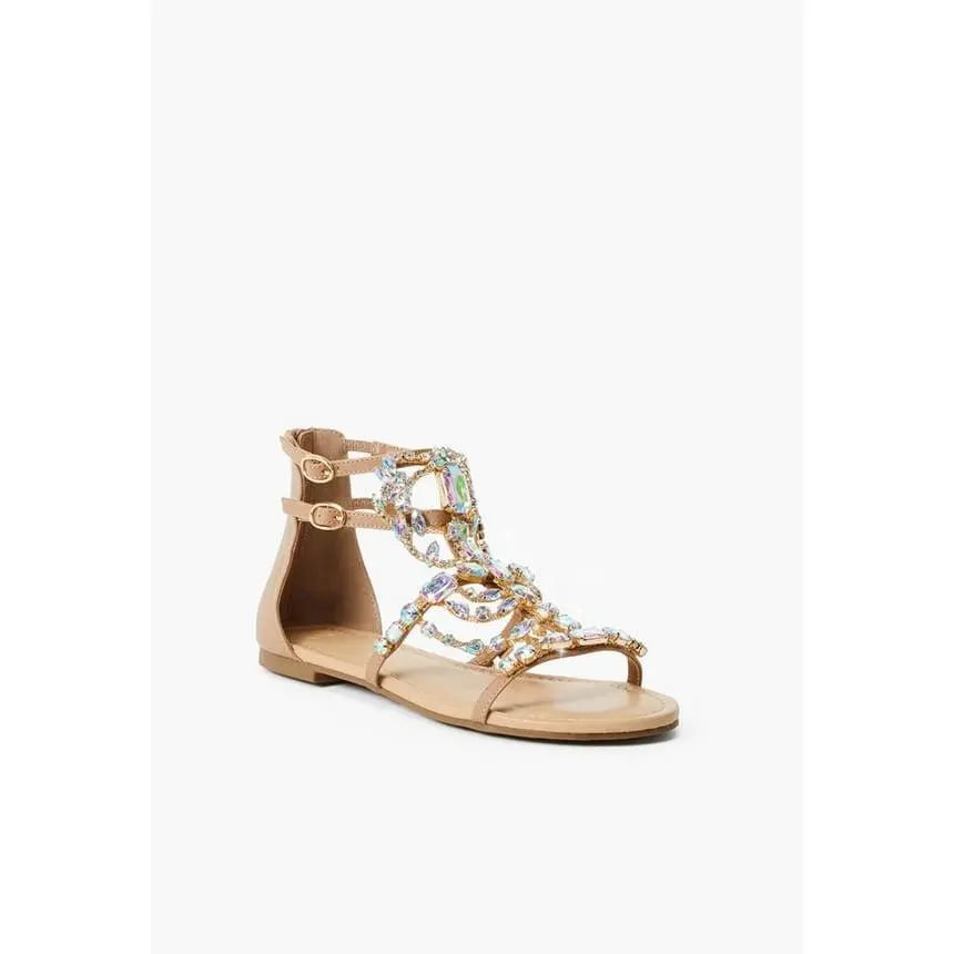 JUST FAB Women's Crystal‑Studded Rhinestone Embellished Gladiator Flat Sandals Adjustable Strap Evening Footwear Summer
