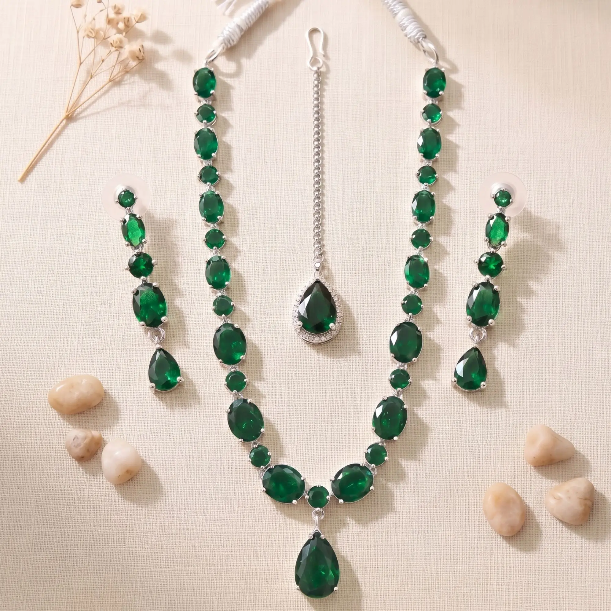 Emerald American Diamond Necklace Set with Tikka Earrings, Indian Bridal Wedding Jewelry
