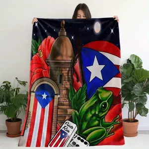 Puerto Rican Frog Theme Flannel Fabric Blanket - Modern, Soft, Warm All-Season Decorative Shawl with Bright Print, Puerto Rican Flag, Stars, Dice Patterns, Cultural Art - Indoor Use Home Decor, Birthday Gift