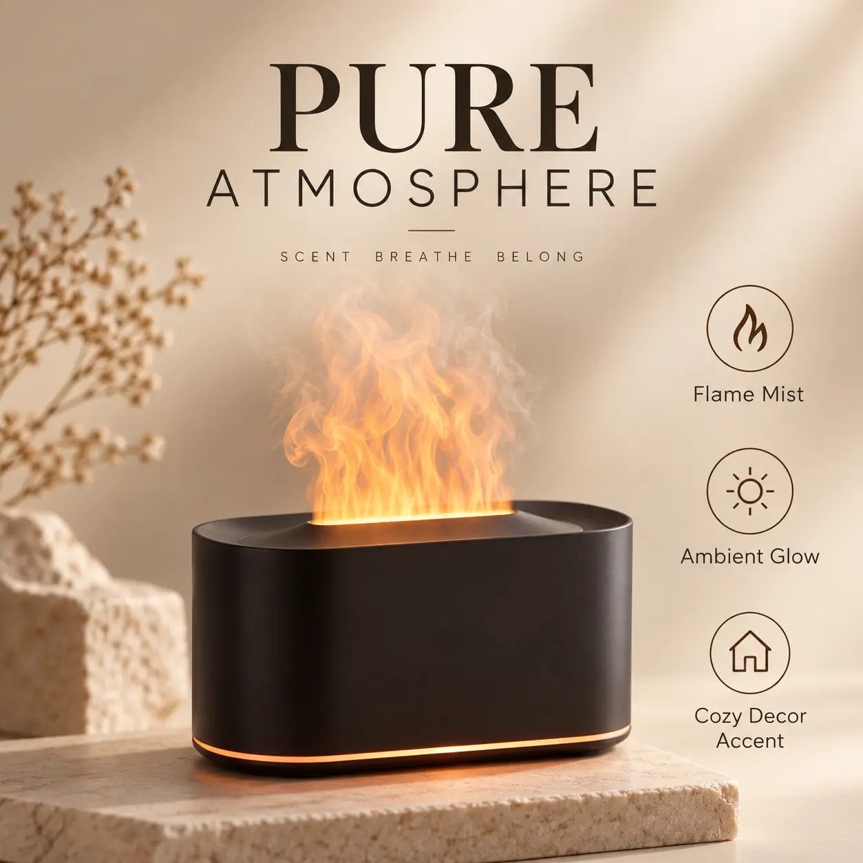 Flame Effect Essential Oil Diffuser, Aromatherapy Mist Humidifier with Cozy Ambient Light for Bedroom, Living Room & Office