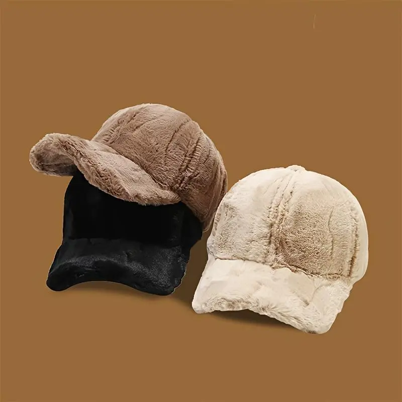 Unisex Plush Faux Fur Baseball Cap - Warm, Lightweight, Durable Fashion Hat with Casual Fit, Adjustable Hook & Loop Closure, Neutral Tones, Multiple Colors, Hand Wash Only for Daily Walks, Light Outdoor Use