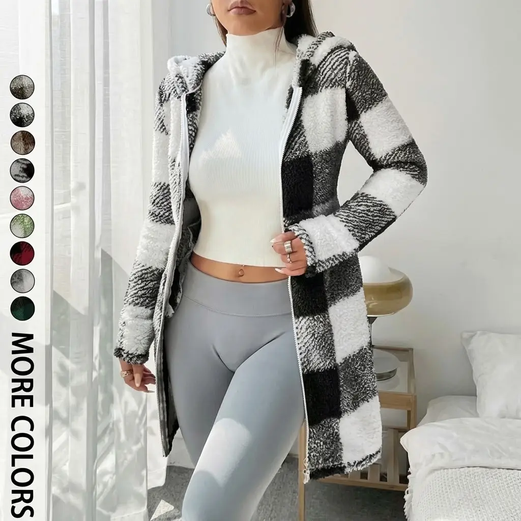 Women’s autumn/winter plush plaid hooded jacket, fleece plaid casual cardigan—lightweight, soft, comfortable, and warm