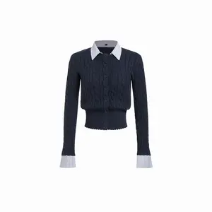 Cider Cable Knit Striped Collar Two Tone Cardigan