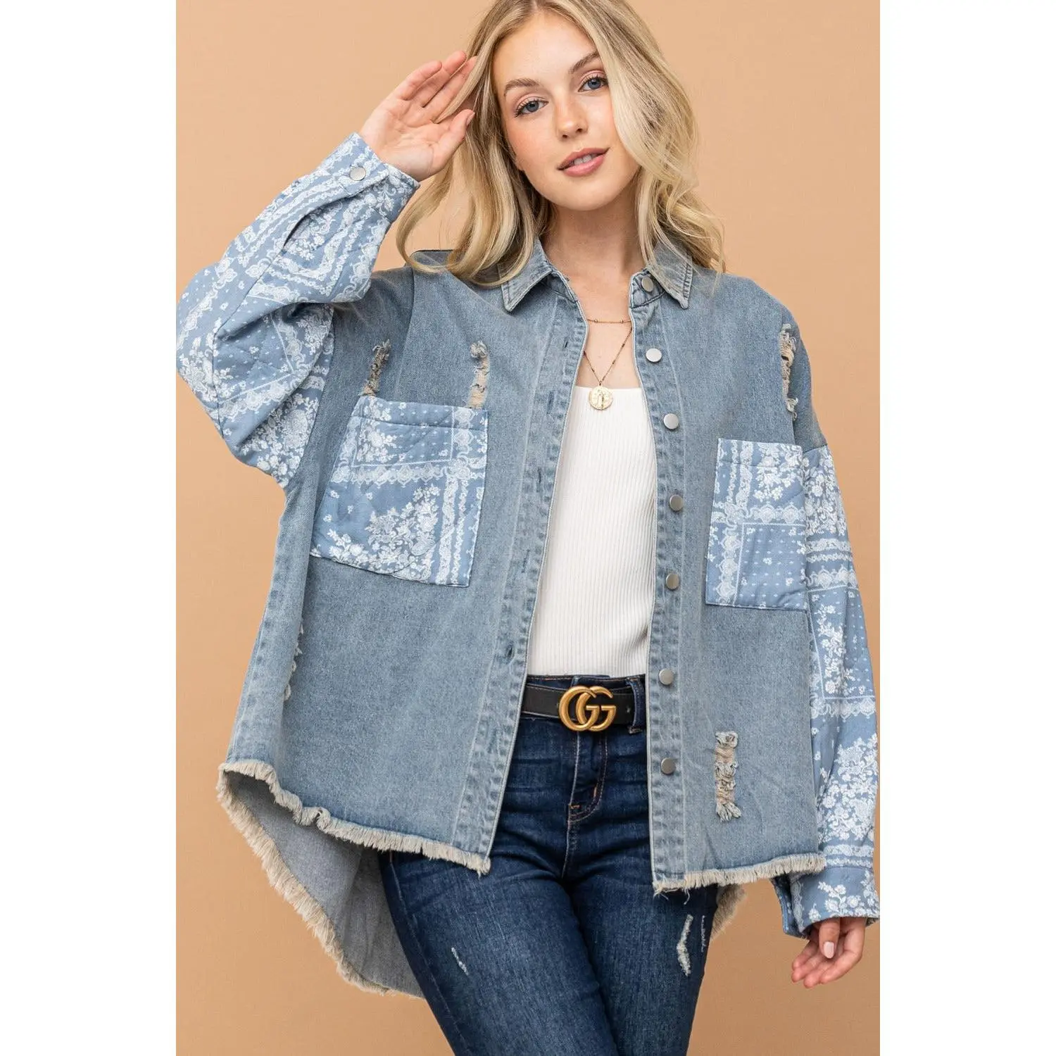 Explore More Collection - And The Why Full Size Paisley Print Quilted Sleeves Denim Jacket