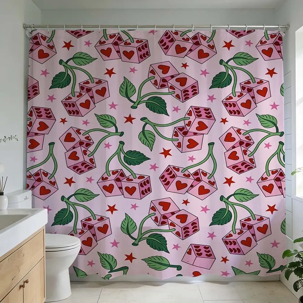 1 Pc Vibrant Pretty shower curtain with whimsical cherry and heart cube pattern, Decorative shower curtain, adds playful touch to bathroom decor perfect for home decor and modern bathroom design that brings charm to every shower experience