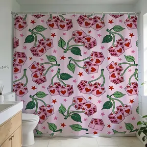 1 Pc Vibrant shower curtain with whimsical cherry and heart cube pattern, Bathroom Curtains, adds playful touch to bathroom decor perfect for home decor and modern bathroom design ideal for bathroom renovation that brings charm to every shower experience