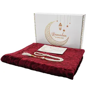 Luxury Velvet Prayer Rug Ramadan Gift Box Set with Prayer Beads - Floral Stamp Red