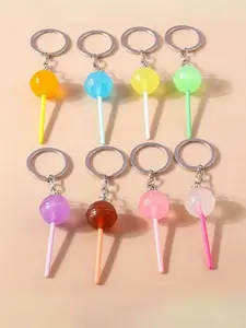 Resin Lollipop Keychain, Round Alloy Keyring, Cartoon Candy Color, DIY Bag Charm, School Theme, Cute Food Replica, Accessories