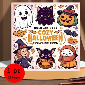 Cozy Halloween Bold & Easy Coloring Book: 22 Cute Spooky Pages, 120gsm No Bleed Thick Paper, Non-Toxic, Stress Relief Art for Kids & Adults, ASMR Coloring Fun