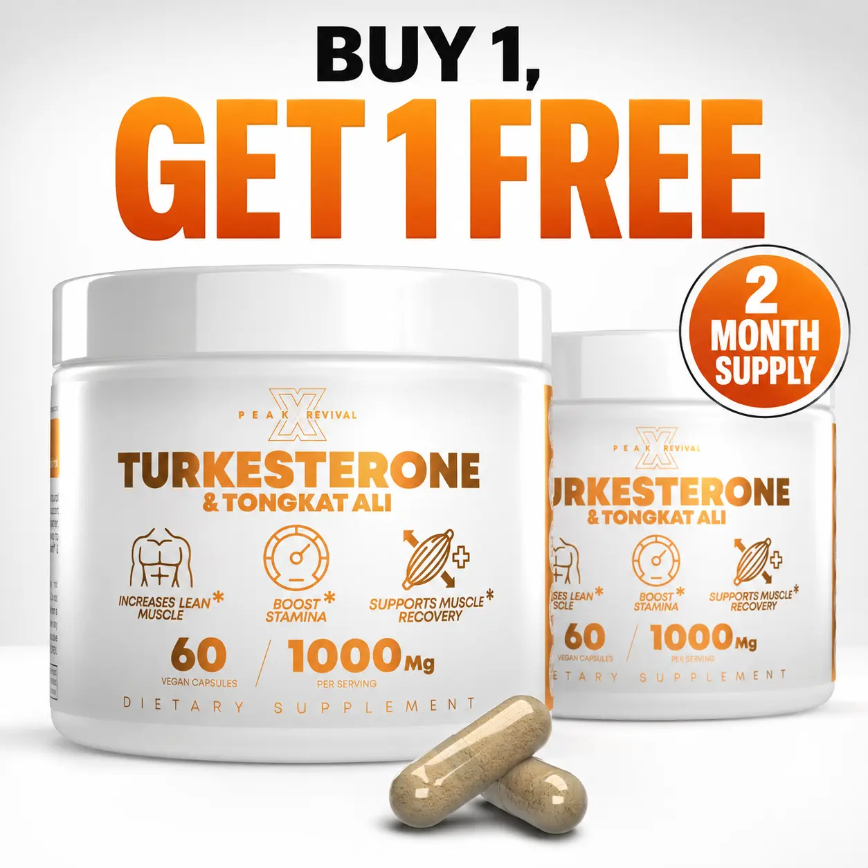 Peak Revival-X Turkesterone & Tongkat Ali Botanical Dietary Supplement 2 Month Supply - 1000mg per Serving - 120 Capsules Each - Non-GMO, Gluten-Free Fitness, Bodybuilding, Natural Fitness & Workout Supplement, Bodybuilding Supplement