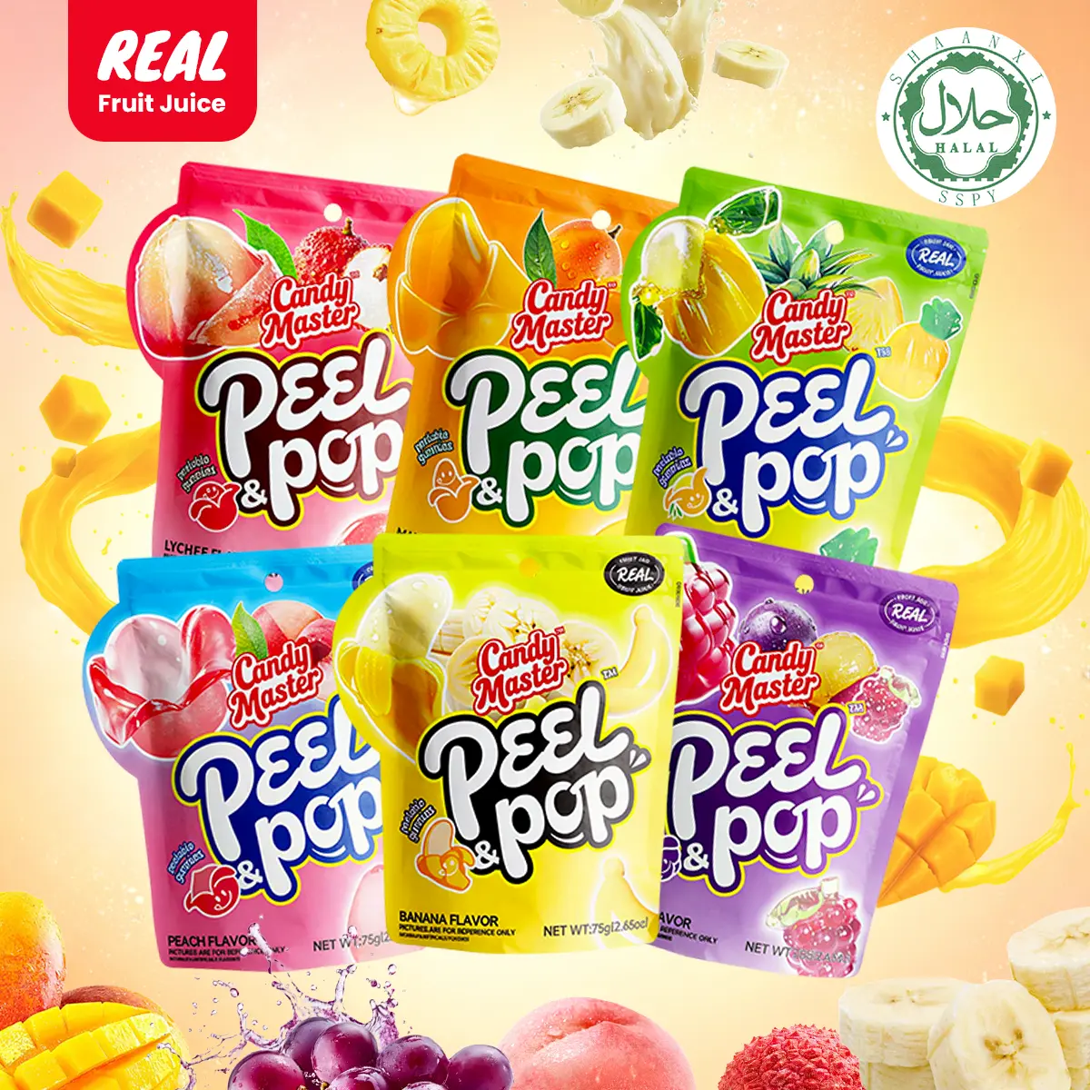 Candy Master Peel & Pop Peelable Gummy Candy - 6 Fruity Football Snacks Flavors (Banana, Lychee, Grape, Peach, Mango, Pineapple) - Juicy, Chewy, Halal Certified for Kids & Snack Lovers