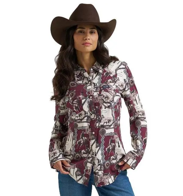 Wrangler® Women's Burgundy Western Print Snap Shirt - Cowgirl Shirt