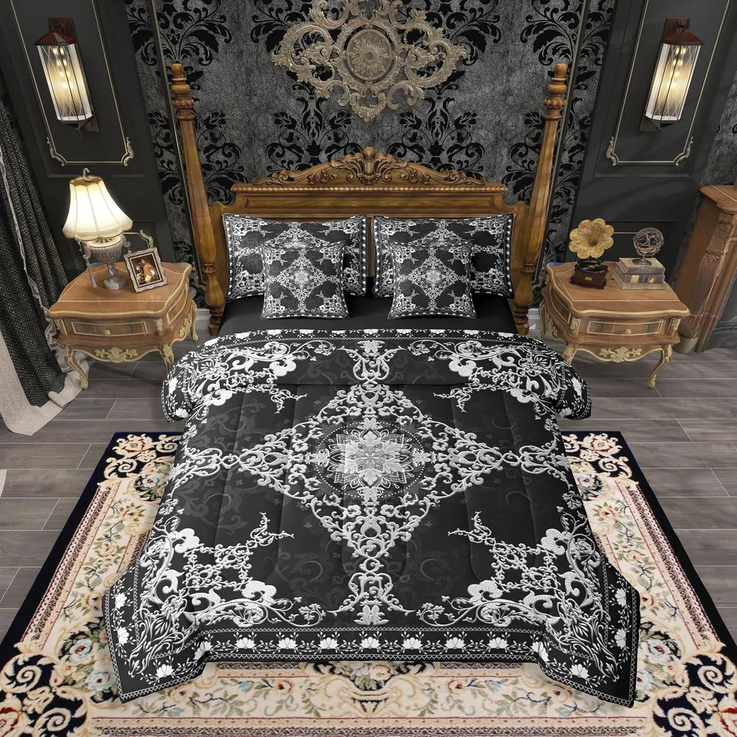 Black White Damask Comforter Set with Sheets 7 Piece Antique Exotic Gothic Bed in A Bag Vintage Boho Floral Bedding Set,for Women Men Victorian Baroque Flower Bed Set