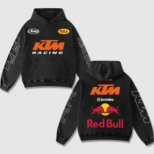 Retro Redbull x KTM Racing Washed Hoodie Motor World Champion Enthusiast Apparel Streetwear Racing Team Motorcycle Clothing Motorbike Riders Supermotor Off-Road Dirt Bike Fan Gear Cotton For Motor Fan