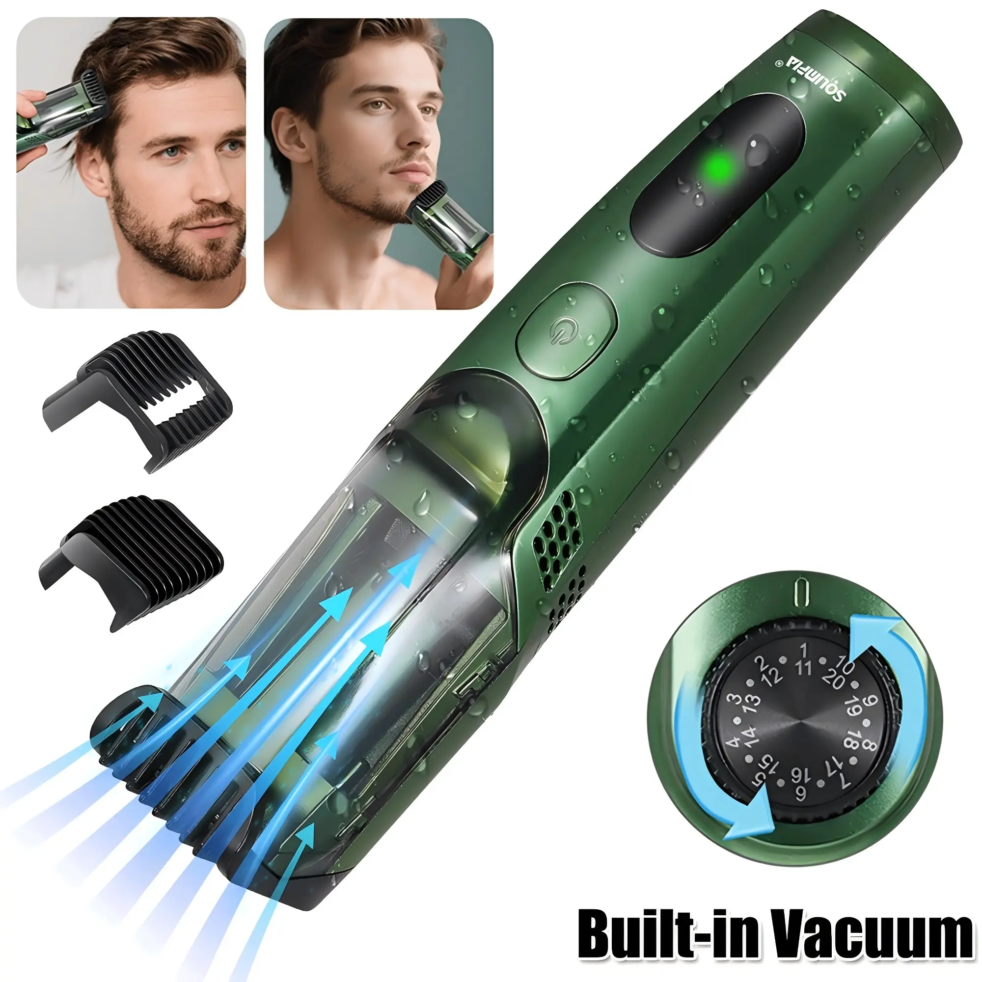 Beard Trimmer for Men with Built-in Vacuum, All-in-1 Cordless Electric Shaver, Wet/Dry Shaver Kit，IPX6 Waterproof, Stainless Steel Single Blade with Adjustable Comb for Beard Styling, Carbon Steel, All In One Daily Green