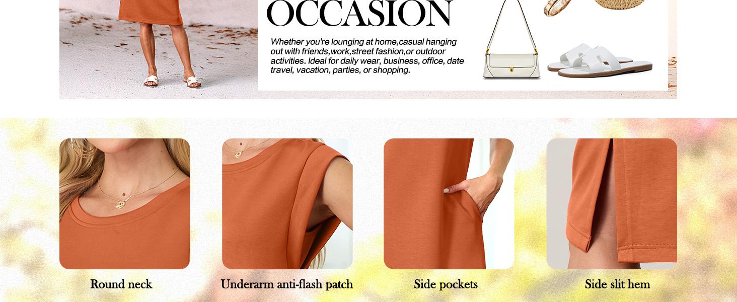 GRECERELLE Women Summer 2026 Round Neck Casual Loose Split Wrinkle-Free Beach Travel Vacation Midi Dress with Pockets