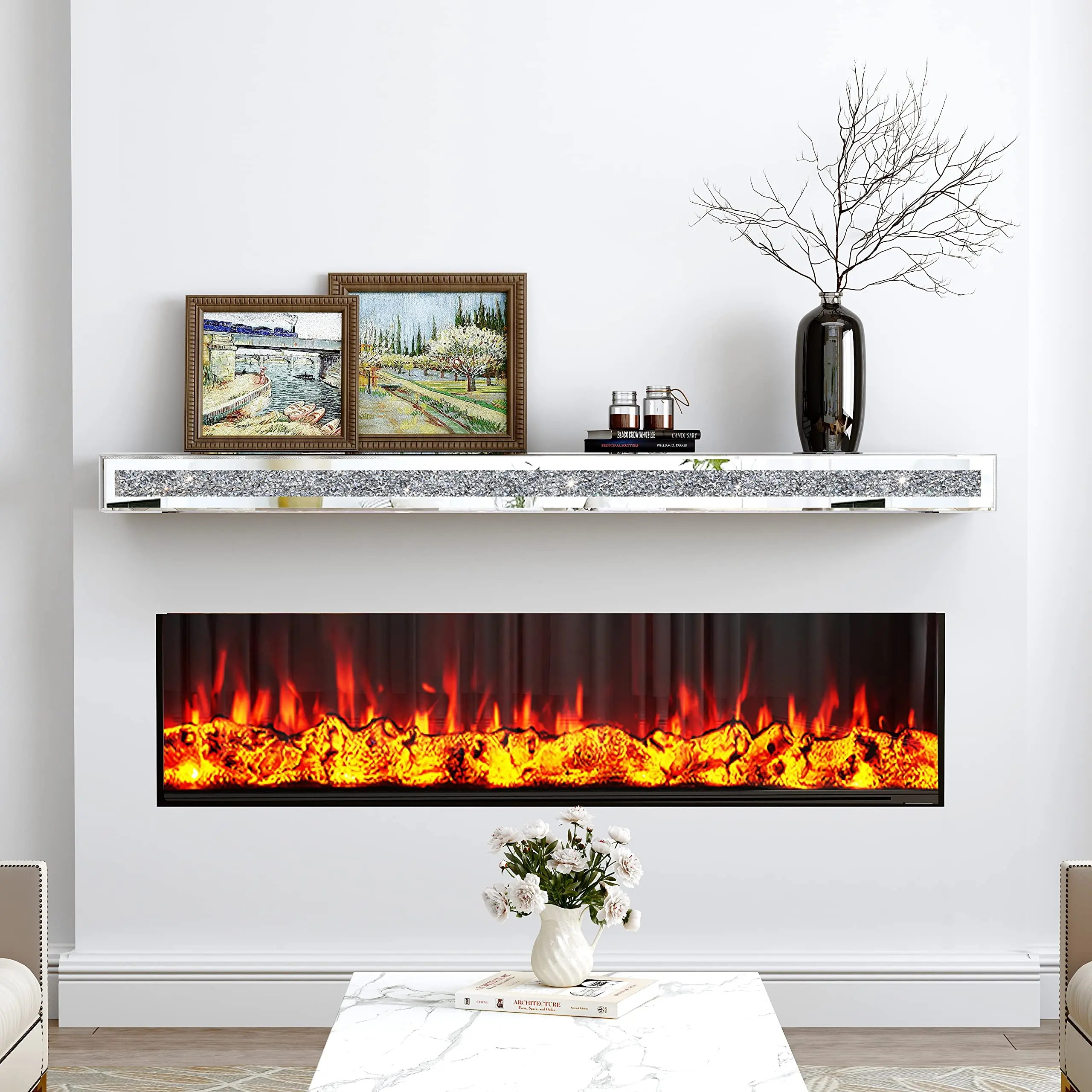 BLINGWORLD 48" Heavy-Duty Mirrored Floating Fireplace Mantel Shelf - Wall-Mounted Space Saver Mirror Glass Shelf for Room Decor, Art, Interior Use